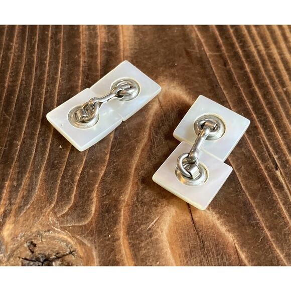 Vintage Men’s Square Mother of Pearl Chain Cufflinks Silver Tone - Picture 3 of 6